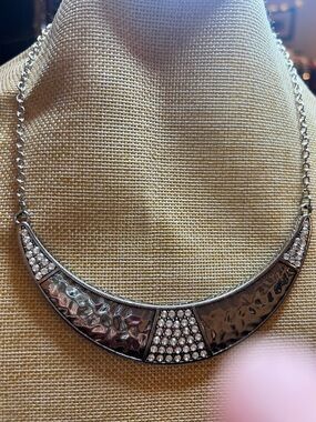 Silver-Tone Hammered Crescent Necklace with Crystal Accents